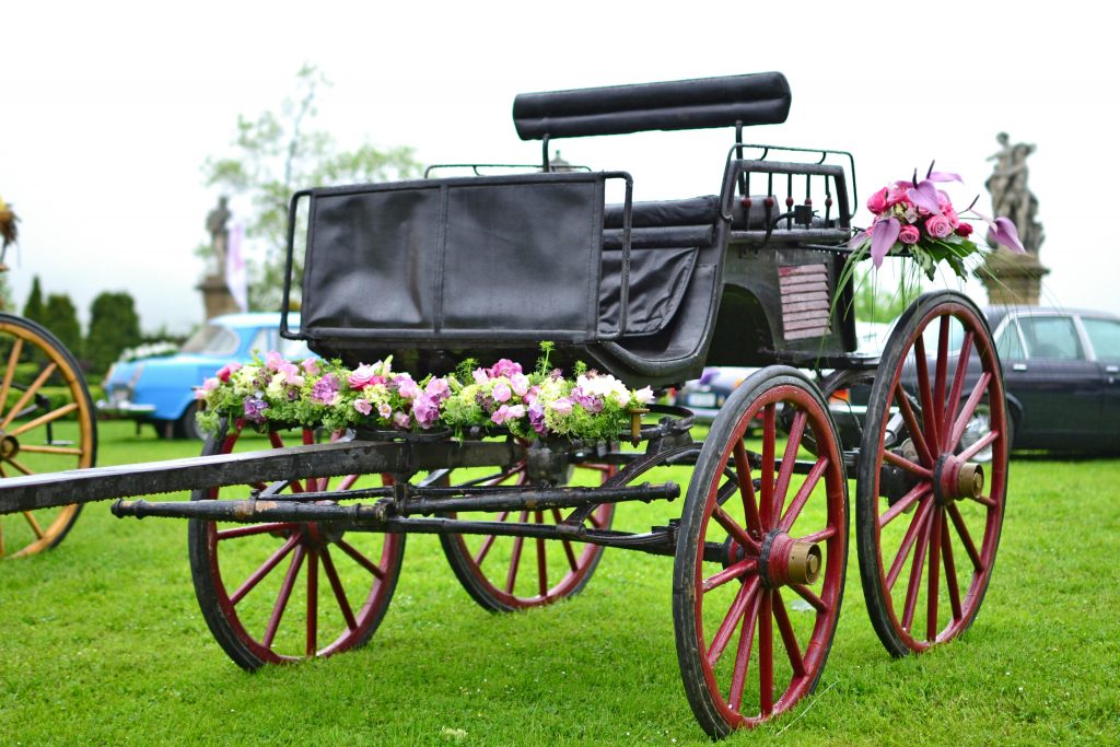 Eine schöne, schwarze Kutsche steht auf einem hellgrün leuchtenden Rasen.
Sie ist oben offen und mit pinken und rosanen Blumen geschmückt.