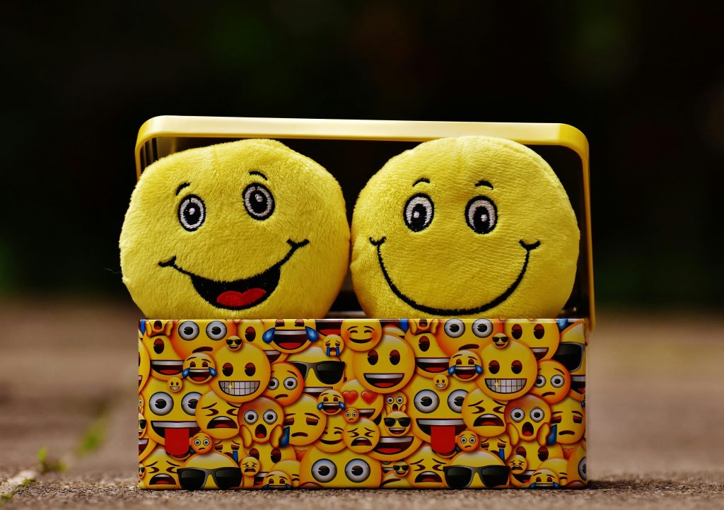 In einer kleinen Box sitzen zwei runde, gelbe Smilies aus Stoff.
Der eine lächelt (Mund geschlossen) und der andere lacht (Mund offen).
Die Box ist bedruckt mit vielen kleinen Smilies mit unterschiedlichen Gesichtern.